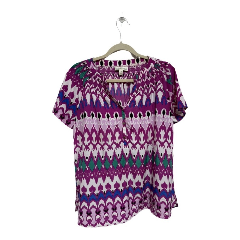 Dana Buchman Purple Geometric Short Sleeve Blouse Size XL Button Down